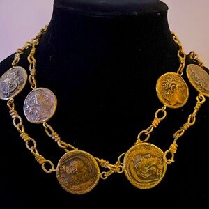 Roman coin and golden Link chain long necklace
